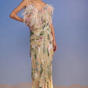 NWT KALKI SAREE IN CRUSH WITH FLORAL PRINT AND FEATHER BLOUSE 2 XS